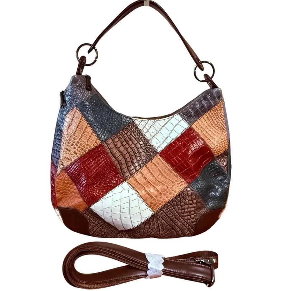 Cobble Legend Patchwork Leather Hobo Bag Brown Red White Blue Crossbody Strap